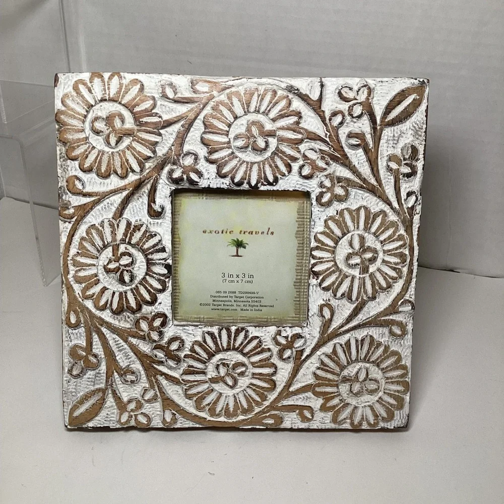 Target Exotic Travels Hand Carved Wood Floral 3x3 Picture Frame White Wash